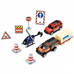 Набор металлических машинок - 7,5 см. - с дорожными знаками (Технопарк, 80913-6Rsim)